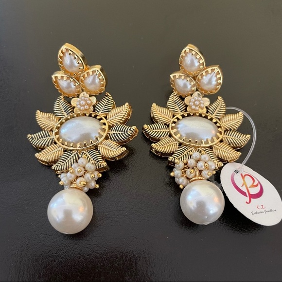 Vintage Jewelry - Faux Pearl and Gold Statement Indian Earrings